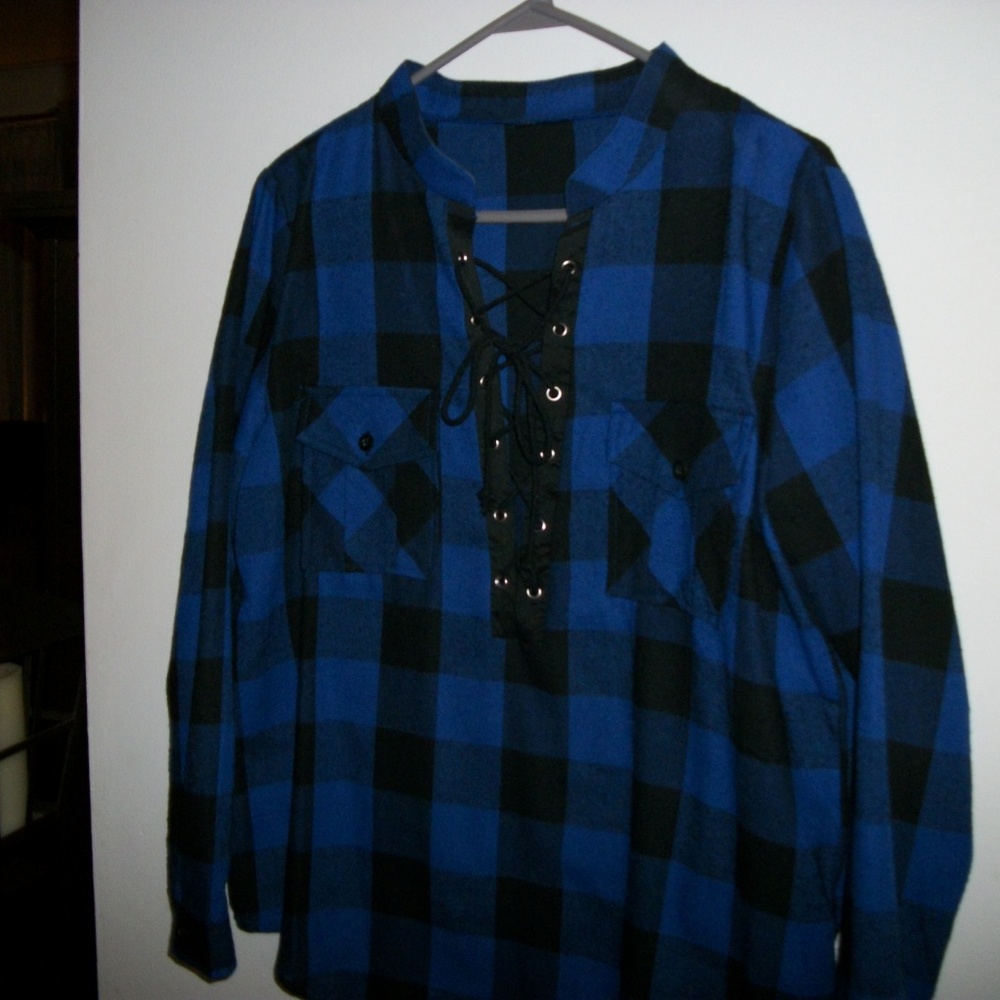 Blue Plaid lace up front long sleeve flannel shirt